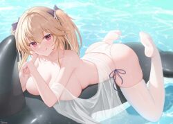 1girls :q absurdres anchorage_(azur_lane) anchorage_(dolphins_and_swim_lessons)_(azur_lane) ass azur_lane big_breasts bikini bikini_bottom bikini_bottom_only black_bow blonde_hair bow breasts doraski eyebrows_visible_through_hair feet hair_between_eyes hair_ribbon hairbow highres huge_breasts large_breasts legs light-skinned_female light_skin long_hair looking_at_viewer lying lying_on_stomach no_shoes on_stomach red_eyes side-tie_bikini_bottom soles solo swimsuit swimwear thighhighs toes tongue tongue_out topless twintails water white_bikini white_bikini_bottom white_swimsuit white_swimwear white_thighhighs