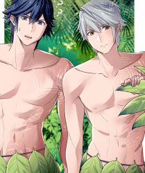 2boys ? abs ameno_(a_meno0) blue_eyes blue_hair brown_eyes chrom_(fire_emblem) confused fire_emblem fire_emblem_awakening forest grey_hair leaf leaf_skirt male male_only multiple_boys muscular muscular_male nature nintendo open_mouth robin_(fire_emblem) robin_(fire_emblem)_(male) short_hair skirt sweatdrop topless_male