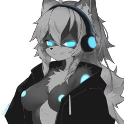 black_jacket digital_drawing_(artwork) female furry glowing glowing_eyes grey_body grey_fur grey_hair headphones jammer_(kaiju_paradise) kaiju_paradise long_hair medium_breasts messy_hair nude nude_female roblox roblox_game smirk thatpastelfoxxo white_background