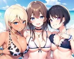 3girls ai_generated beach bikini_top black_hair blonde_hair blue_eyes blue_sky breast_squeeze brown_hair chiaki choker cloud dark-skinned_female hentai high_resolution highres huge_breasts light-skinned_female long_hair nagisa nai_diffusion necklace ocean purple_eyes shiny_hair shiny_skin short_hair skyrimgamer17 stable_diffusion uchi_no_otouto_maji_de_dekain_dakedo_mi_ni_konai? upper_body yukiko