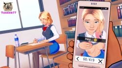 1girls 3d blonde_hair breast_press breasts breasts_out classroom dark-skinned_male dark_skin exhibitionism eyebrow_piercing female game_cg gwen_stacy gwen_stacy_(spider-verse) human human_only light-skinned_female light_skin male male_pov marvel marvel_comics miles_morales nipples public recording school_uniform self_upload selfie spider-man:_into_the_spider-verse spider-man_(series) straight superheroine tusken77