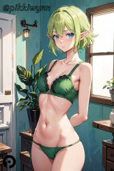 ai_generated arms_behind_back bangs bare_shoulders blue_eyes blush bra breasts closed_mouth collarbone cowboy_shot dungeon_ni_deai_wo_motomeru_no_wa_machigatteiru_darou_ka elf female green_bra green_hair green_panties indoors looking_at_viewer medium_breasts navel panties pikkiwynn plant pointy_ears ryuu_lion short_hair small_breasts solo standing stomach underwear underwear_only