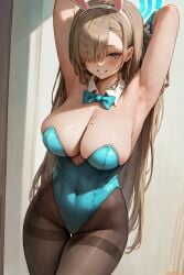 1girls ai_generated amiral_ai armpits asuna_(blue_archive) asuna_(bunny)_(blue_archive) blonde_hair blue_archive blue_eyes breasts bunny_ears bunny_girl bunnysuit female hair_over_one_eye highleg_leotard huge_breasts leotard light-skinned_female light_skin long_hair presenting_armpit smile thick_thighs tights