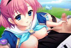 animated blue_eyes breasts_out breasts_out_of_clothes censored exposed_breasts grisaia_(series) grisaia_senjou_no_barcarolle handjob komine_sachi looking_at_viewer mosaic_censoring pink_hair pixelated