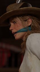 3d bandit blonde_hair bondage bound bounty_hunter cleave_gag cowboy_hat cowgirl gag gagged half_naked hat kidnapped nude red_dead_redemption_(series) red_dead_redemption_2 restrained rindekey rope rope_bondage sadie_adler saloon tied tied_hair tied_up unbuttoned unbuttoned_shirt video_games wild_west