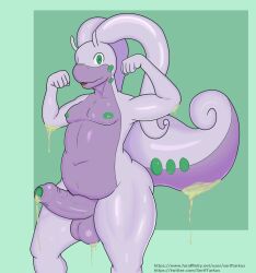 anthro ass balls big_butt flexing generation_6_pokemon genitals glans goodra green_eyes green_glans green_nipples hi_res male moobs nintendo nipples penis pokemon pokemon_(species) purple_body purple_penis seriftarkus slightly_chubby slime solo thick_thighs