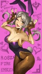 1girls bunny_ears bunny_girl bunny_tail bunnysuit cleavage female female_only fire_emblem fire_emblem_awakening gesture nintendo one_eye_closed pantyhose robin_(fire_emblem) robin_(fire_emblem)_(female) saiykik solo twintails