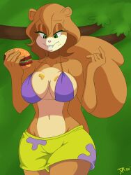 1girls bikini boobs breasts brown_body buckteeth burger cleavage dalley_le_alpha female female_focus female_only green_eyes holding_food looking_at_breasts nickelodeon pants purple_bikini sandy_cheeks solo solo_female spongebob_squarepants squirrel standing tail teeth