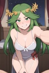 1girls afrobull_(style) ai_generated bedroom_eyes cleavage dominant_female femdom gentle_femdom grabbing green_eyes green_hair handjob head_grab imminent_sex implied_handjob kid_icarus large_breasts leaning_forward long_hair mature_female nightgown nintendo palutena pov pov_eye_contact self_upload smirk stable_diffusion super_smash_bros. wide_hips