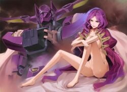 1girls big_ass big_breasts code_geass cornelia_li_britannia feet female gloucester mecha mostly_nude nude partially_clothed purple_eyes purple_hair robot sitting smile solo toes