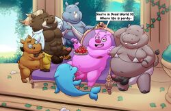 abs adventure_time anthro balls bikini bikini_top blonde_hair bottomwear brown_body brown_fur brown_hair cartoon_network cetacean cheating_husband clothed clothed/nude clothing common_hippopotamus dolphin domestic_pig equid equine erection fur genitals grey_body group hair hippopotamid horse leonthelionel looking_at_viewer male male/male mammal marine mr._pig muscular muscular_anthro muscular_male nude open_mouth overweight overweight_anthro overweight_male pants penis pink_body pink_hair pink_skin rhinoceros robe sex shirt smile suid suina sus_(pig) swimwear toothed_whale topwear wild_boar