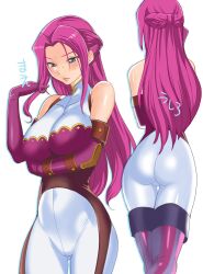 1girls ass bare_shoulders blue_eyes blush bodysuit boots breast_hold breasts code_geass cornelia_li_britannia elbow_gloves gloves impossible_clothes large_breasts long_hair pink_gloves playing_with_own_hair purple_eyes purple_hair robina shiny_clothes skin_tight solo spandex thigh_boots thighhighs