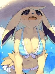 1girls anthro bikini black_eyes blush bodily_fluids breasts clothing drooling eeveelution eyelashes female female_only fur generation_1_pokemon hair hat headgear headwear heavy_blush hi_res jolteon kame_3 navel nintendo oerba_yun_fang open_mouth pokemon pokemon_(species) saliva solo spiral_eyes sweat swimwear tuft