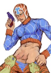 1boy blush chenchen_(artist) circumcised embarrassed flaccid guido_mista holding_gun holding_object jojo's_bizarre_adventure male male_only penis secco stand_(jjba) vento_aureo