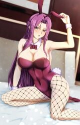 1girls arm_up armpits big_breasts blush bunny_ears bunnysuit cleavage code_geass cornelia_li_britannia female fishnets inou_hiroaki long_hair purple_eyes purple_hair solo sweat tagme