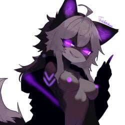 1girls dark_lighting digital_drawing_(artwork) female glowing glowing_eyes grey_body grey_fur grey_hair kaiju_paradise medium_breasts nightshade_(kaiju_paradise) nude nude_female nude_jacket purple_eyes roblox roblox_game smirk thatpastelfoxxo white_background