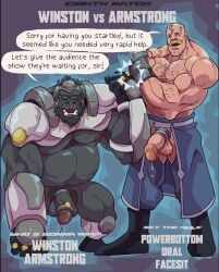 2boys alex_louis_armstrong ape bara bodily_fluids boner boots celebrity_bangmatch clothing comic dialogue erection flaccid footwear fullmetal_alchemist genital_fluids gorilla group haplorhine hi_res male male_only mammal muscular_male overwatch precum primate rickleone speech_bubble winston_(overwatch)