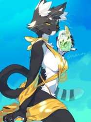 1girls 2d anthro bacardi_(muart242) beverage black_body black_fur clothing domestic_cat felid feline felis female female_only fur hi_res holding_beverage holding_object kame_3 looking_at_viewer mammal side_view simple_background smile smiling smiling_at_viewer solo swimwear tail whiskers yellow_clothing yellow_eyes yellow_swimwear