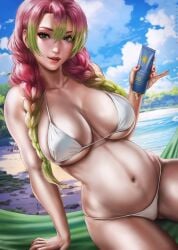 1girls 2023 absurd_res absurdres bare_arms bare_shoulders bare_thighs beach big_belly big_breasts big_thighs bikini braid braided_hair breasts cleavage dandon_fuga demon_slayer female female_only green_eyes green_hair kanroji_mitsuri kimetsu_no_yaiba long_hair looking_at_viewer mole_under_eye moles_under_eyes multicolored_hair pink_hair pregnant ready_to_pop sunscreen two_tone_hair white_bikini