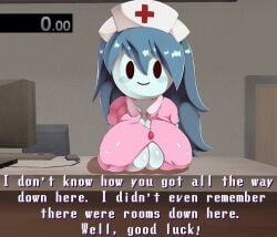 big_breasts blue_hair blue_skin clothed_breasts colored counter dakagite dialogue ghost karamari_hospital kategida nurse_uniform pov smile solo speedrun spooky spooky's_house_of_jump_scares spooky_(shojs)