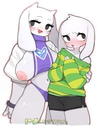 1boy 1girls anthro areolae asriel_dreemurr black_eyes blush breasts caprine cute_fang embarrassed eyelashes female floppy_ears heart horns looking_at_viewer looking_away lumpypacas male mother_and_son narrowed_eyes nipples nipples_outside shorts sideboob smiling smiling_at_viewer sweater thick_thighs thong toriel undertale undertale_(series) white_background