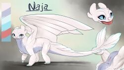 2021 absurd_res anus blep charliemcarthy dragon dreamworks eyelashes female feral genitals glitter hi_res how_to_train_your_dragon light_fury looking_at_viewer membrane_(anatomy) membranous_wings model_sheet pussy queen_naja scalie solo tongue tongue_out western_dragon wings