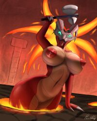 anthro anthrofied big_breasts blue_eyes breasts dragon female fire genitals glowing glowing_eyes hammer hi_res horn lava lava_pool looking_at_viewer mtf_crossgender nipples nude ocarina_of_time open_mouth paradoxing pussy red_body red_scales rule_63 scales scalie solo the_legend_of_zelda tools volvagia