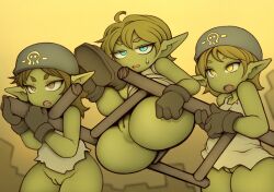 2023 anus ass bottomless clothed clothing digital_media_(artwork) eyebrows female genitals gloves goblin goblin_female green_body group hair handwear hi_res humanoid looking_at_viewer noise_(artist) open_mouth pussy