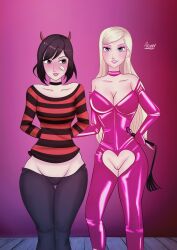 2girls ariamy barbie_(cosplay) barbie_(franchise) blonde_hair blue_eyes clothed latex_suit original_character partially_clothed pink_clothing smile striped_clothing whip