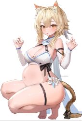 1girls big_belly blonde_hair breasts cat_ears cat_tail curvy curvy_female curvy_figure ediatorpxv female female_focus female_only flower genshin_impact looking_at_viewer lumine_(genshin_impact) open_mouth pregnant ribbon shiny_hair shiny_skin squatting tail thick_thighs thighs topwear yellow_eyes