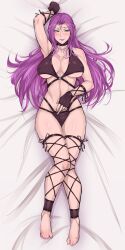 1girls armpits bed big_breasts black_beat code_geass cornelia_li_britannia dakimakura feet female fingerless_gloves fishnets laying_down nipple_bulge purple_eyes purple_hair solo tagme wide_hips