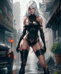 1girls ai_generated black_clothing blue_eyes female_only gloves latex light-skinned_female long_hair looking_at_viewer medium_breasts nier nier:_automata raining ripped_bodysuit ripped_clothing ripped_pantyhose ripped_stockings skizzen solo solo_female spandex thick_thighs thighhighs thin_waist wet white_hair wide_hips yorha_a2