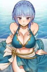 1girls 2023 alternate_costume bare_shoulders bikini blue_bikini blue_hair blue_swimsuit braid breast_focus breasts brown_eyes cleavage close-up commission crown_braid female female_only fire_emblem fire_emblem:_three_houses fire_emblem_heroes highres large_breasts light-skinned_female light_skin long_hair looking_at_viewer looking_up marianne_von_edmund marianne_von_edmund_(summer) navel nervous nervous_smile nintendo official_alternate_costume pool poolside rojen_p sarong smile solo swimming_pool swimsuit upper_body water