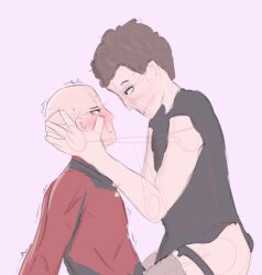 bald blush boyxboy brown_eyes brown_hair clothed crossdressing curly_hair dubious_consent eye_contact face_hold fishnets gay grinding hand_on_face jean-luc_picard makeup_running male/male no_panties q_(character) shaking sketch star_trek straddling suggestive sweat sweating thighhighs wip