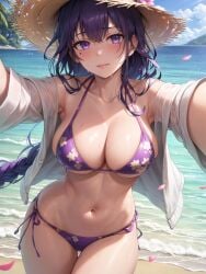 1girls ai_generated apel beach bikini braided_hair breasts female genshin_impact hat hips huge_breasts light-skinned_female light_skin long_hair outdoors purple_eyes purple_hair raiden_shogun stable_diffusion thighs