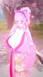 3d alternate_costume blue_hair breasts cat_ears cleavage curvy female hair_ornament hairband hololive hololive_gen_2 hololive_japan huge_breasts kimono koikatsu looking_at_viewer minato_aqua solo twin_braids virtual_youtuber
