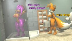 1boy 1girls amy_rose areolae barefoot bathroom big_penis breasts completely_nude completely_nude_female dialogue female fuckgirl full_body miles_prower naked naked_female nipples nude nude_female penis_under_towel pussy sarahdellen shower showering sonic_(series) sonic_the_hedgehog_(series) tails tails_the_fox towel towel_on_penis