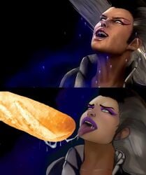 ahe_gao black_hair blowjob blowjob_face censored costume cum digital_media_(artwork) drool drooling female food grey_eyes grey_hair lipstick makeup mortal_kombat mortal_kombat_(2011) netherrealm_studios ohmaddoge purple_lipstick redraw shao_kahn sindel sindel_(mk9) sucking sucking_off tongue tongue_out warner_brothers