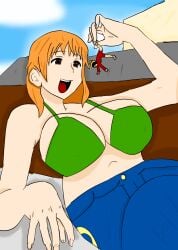 1boy 1girls 2022 anime artist_request black_hair bra brown_eyes female giantess green_bra happy lifting_person light-skinned_female light_skin long_hair male manga monkey_d_luffy nami nami_(one_piece) one_piece orange_hair orange_hair_female pre-timeskip pre_vore short_hair size_difference vore