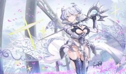 3girls ariane_the_labrynth_servant arianna_the_labrynth_servant armor bikini_armor demon demon_girl duel_monster hi_res hsin huge_breasts labrynth_of_the_silver_castle lady_labrynth_of_the_silver_castle looking_at_viewer pointy_ears rapier silver_eyes silver_hair smile smooth_skin solo solo_female yu-gi-oh!