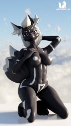 3d 3d_(artwork) 5_fingers absurd_res anthro big_breasts black_body black_fur blender_(software) blender_eevee breasts canid canine claws digital_media_(artwork) epic_games female finger_claws fingers fortnite fox fur hand_behind_head hand_on_breast hi_res kimiko kimiko_(fortnite) kimiko_five_tails mammal markings multi_tail nipples pinup pose raised_tail scar sky solo tail white_body white_fur white_markings wriggly