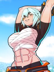 1girls abs armpits asher_(omega_strikers) asher_(omega_strikers)_(cosplay) bare_midriff beauty_mark blue_hair breasts chest_sarashi cosplay crossover dagr_(fire_emblem) eye_patch female female_only fire_emblem fire_emblem_heroes from_below green_eyes grin large_breasts looking_at_viewer looking_down midriff mnejing mole mole_under_eye muscular muscular_female nintendo omega_strikers sarashi smile solo