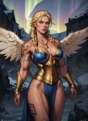 ai_generated angel_wings athletic_female blonde_hair blue_eyes cleavage female fire freya_(norse_mythology) goddess long_hair mature mature_female medium_breasts mythology necklace night norse norse_mythology outdoors sole stable_diffusion valkyrie