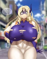 1girls alternate_version_at_source alternate_version_available breast_expansion breasts city expansion female female_only large_breasts looking_at_viewer mount_lady my_hero_academia outdoors outside public ripped_clothing satsukisupreme solo solo_female takeyama_yuu text yuu_takeyama