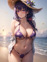 1girls ai_generated apel beach bikini braided_hair breasts female genshin_impact hat hips huge_breasts light-skinned_female light_skin long_hair outdoors purple_eyes purple_hair raiden_shogun stable_diffusion thighs