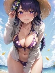 1girls ai_generated apel beach bikini braided_hair breasts female genshin_impact hat hips huge_breasts light-skinned_female light_skin long_hair outdoors purple_eyes purple_hair raiden_shogun stable_diffusion thighs