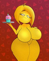 1girls big_breasts breasts cupcake emoji emoji_(race) female female_only frown hand_on_breast holding_plate mary_meh mrs._meh naked naked_female nude nude_female plate short_hair solo solo_female the_emoji_movie vaz0v yellow_body yellow_hair