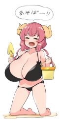 1girls big_breasts bikini bikini_bottom bikini_top breasts_bigger_than_head cleavage closed_eyes female female_focus female_only horns ilulu_(dragon_maid) japanese_text large_breasts light-skinned_female light_skin miss_kobayashi's_dragon_maid navel pink_hair solo solo_female solo_focus toudori wide_hips