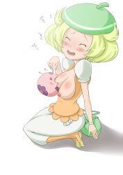 1girls bag beret bianca_(pokemon) blonde_hair blush bracelet breastfeeding breasts dress eyes_closed fingers flower munna nipples noppokun1105 pokémon_(species) pokemon pokemon_(species) short_hair suckling text thick_thighs thighhighs trembling