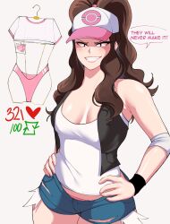 1girls booty_shorts breasts brown_hair clothed clothed_female female hilda_(pokemon) large_breasts long_hair long_ponytail lord_socar nintendo pokemon pokemon_b2 ponytail short_shorts shorts strip_game tank_top